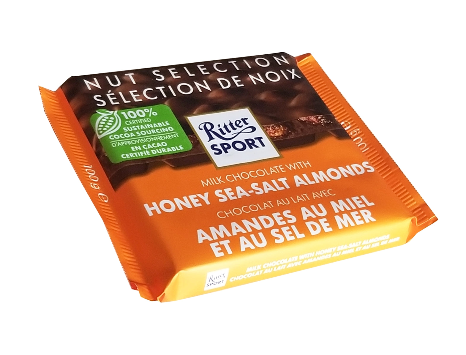 Ritter Sport Nut Selection Milk Chocolate Honey Sea-Salt Almonds Bar, 100g/3.5 oz. Bar Bottom Angle