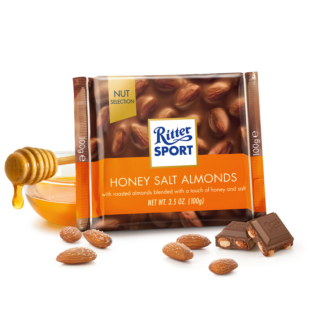 Ritter Sport Nut Selection Milk Chocolate Honey Sea-Salt Almonds Bar, 100g/3.5 oz. Bar Front