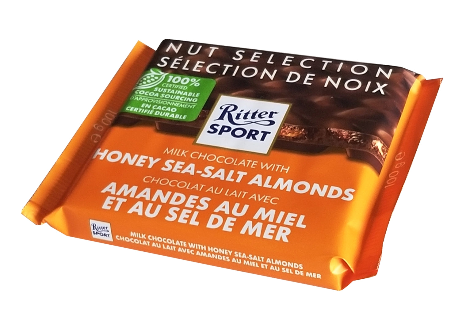Ritter Sport Nut Selection Milk Chocolate Honey Sea-Salt Almonds Bar, 100g/3.5 oz. Bar Left Angle