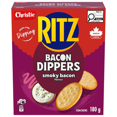 Box of Christie Ritz Bacon Dippers crackers 180g with smoky bacon flavor on a white background