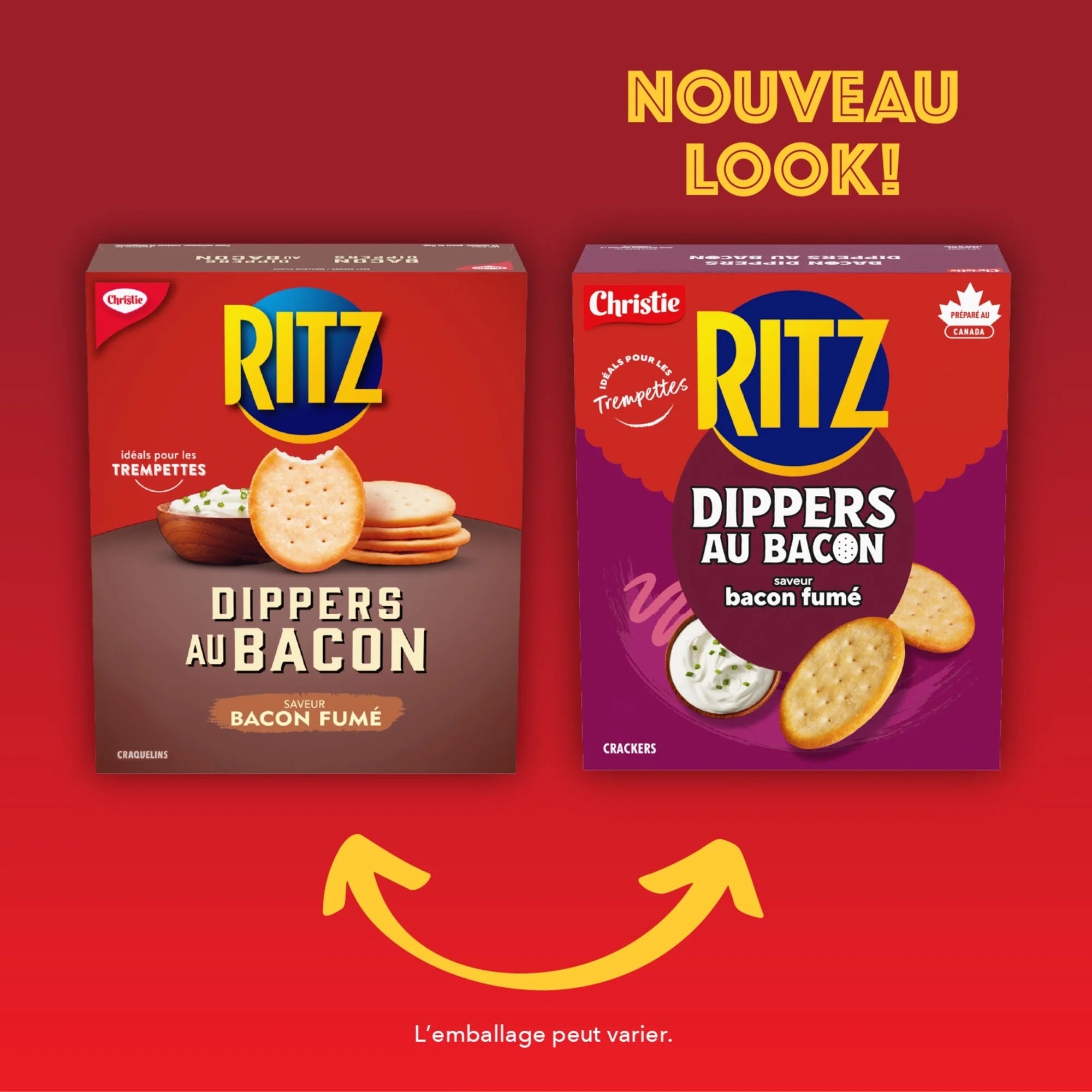 Two Ritz cracker boxes with new packaging design on a red background