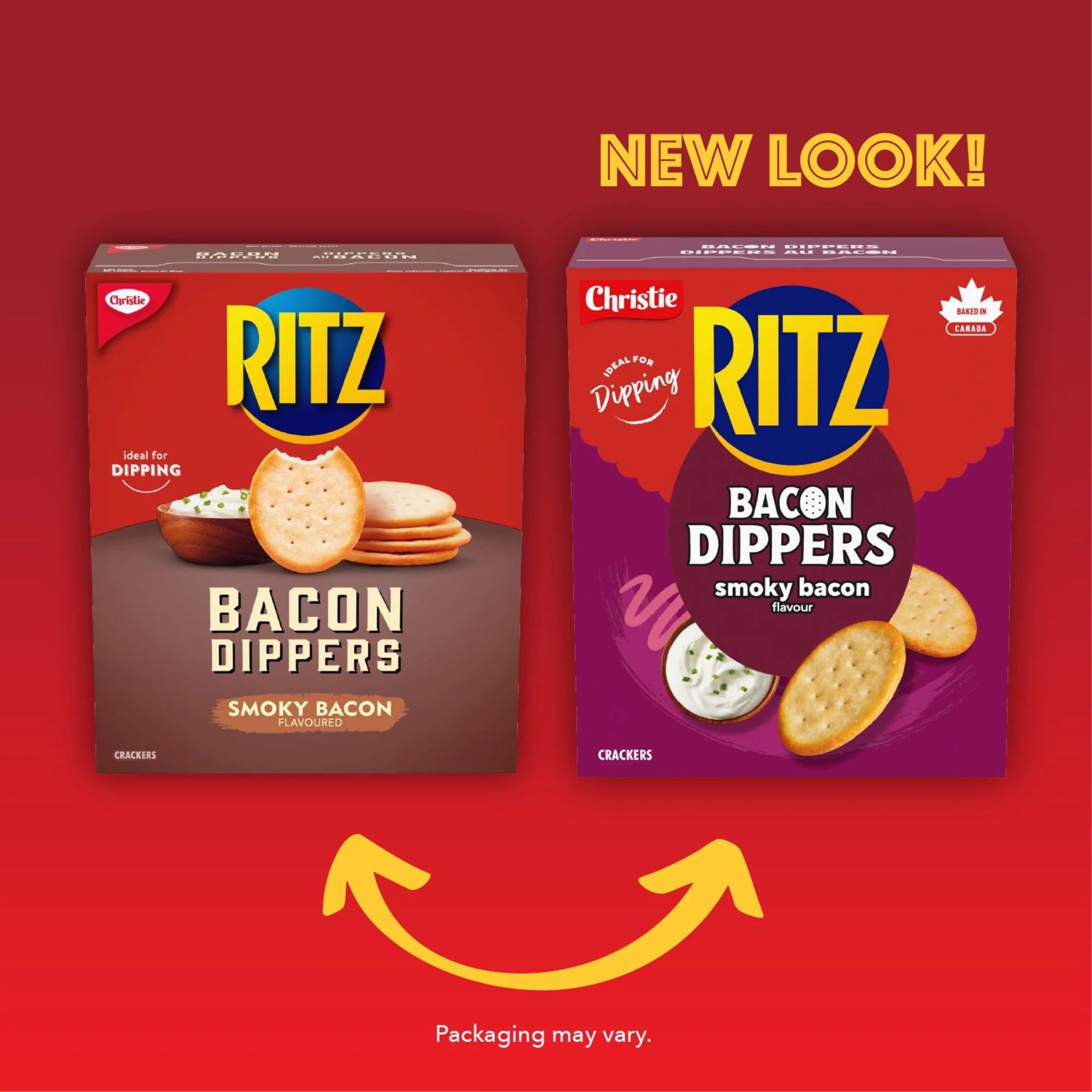 Two packages of Ritz Bacon Dippers on a red background with 'New Look!' text.