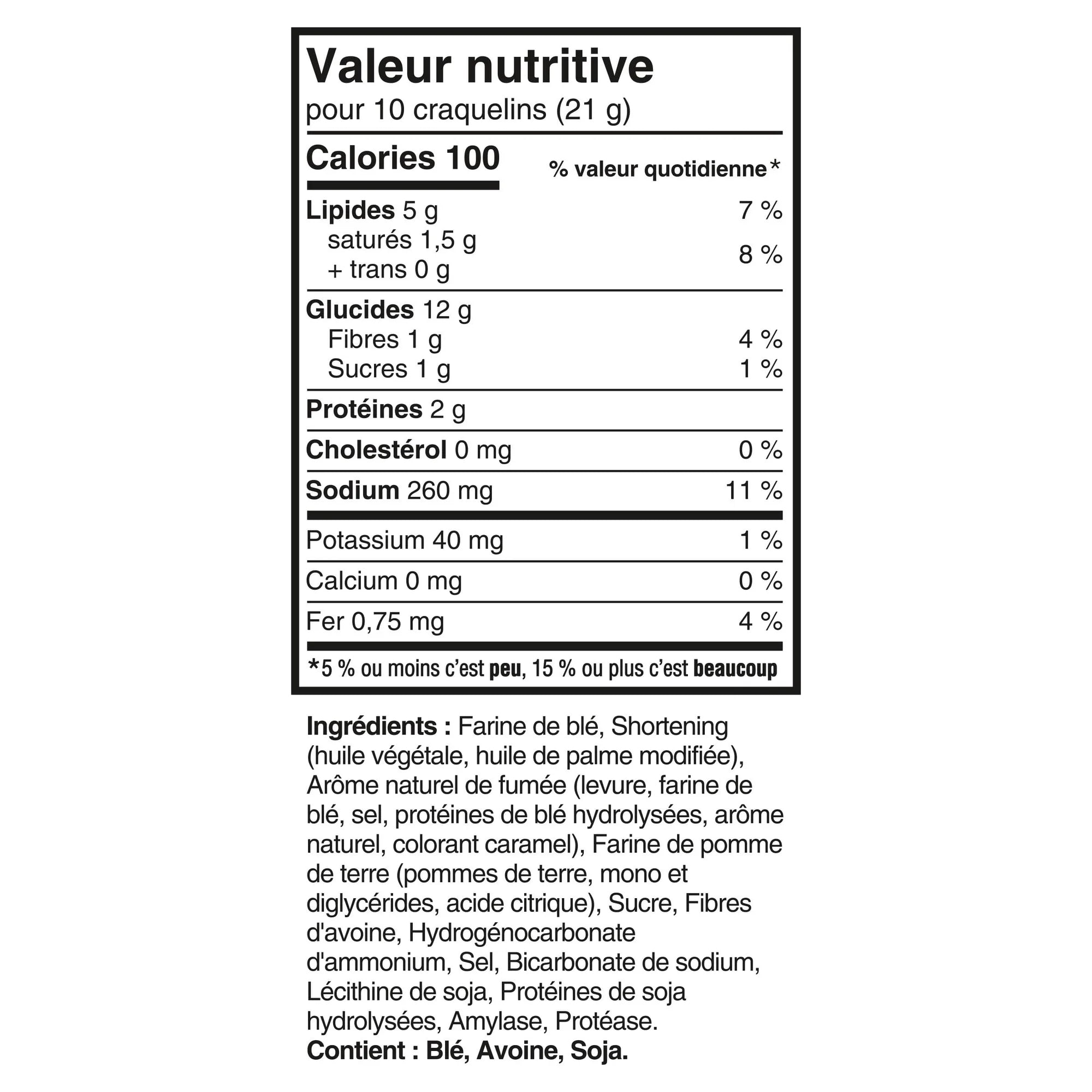 Nutritional value label for Ritz Bacon Dippers Crackers 180g in French