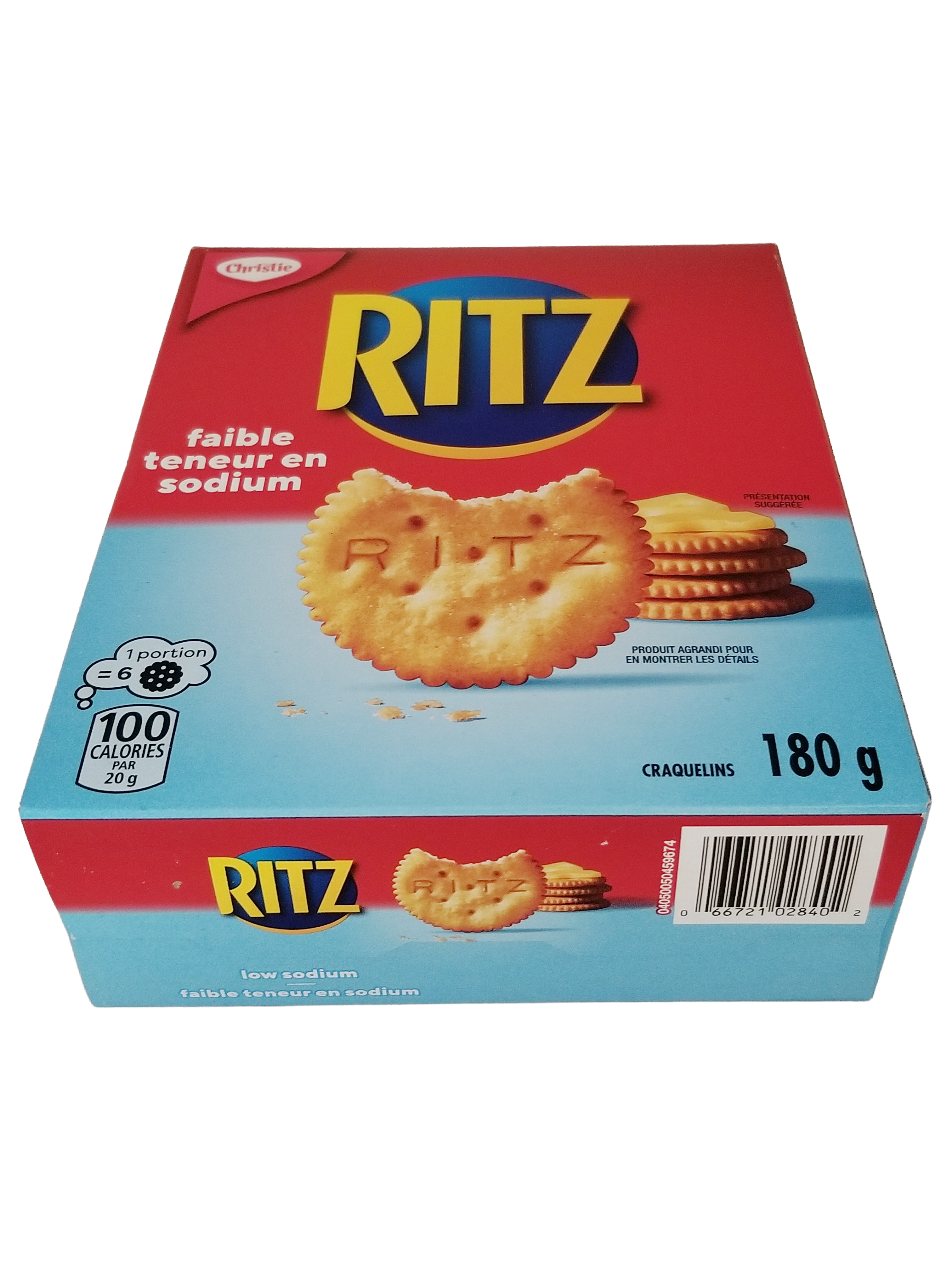 Box of Ritz Low Sodium Crackers, 180g/6.3 oz with a red and blue design on a white background.