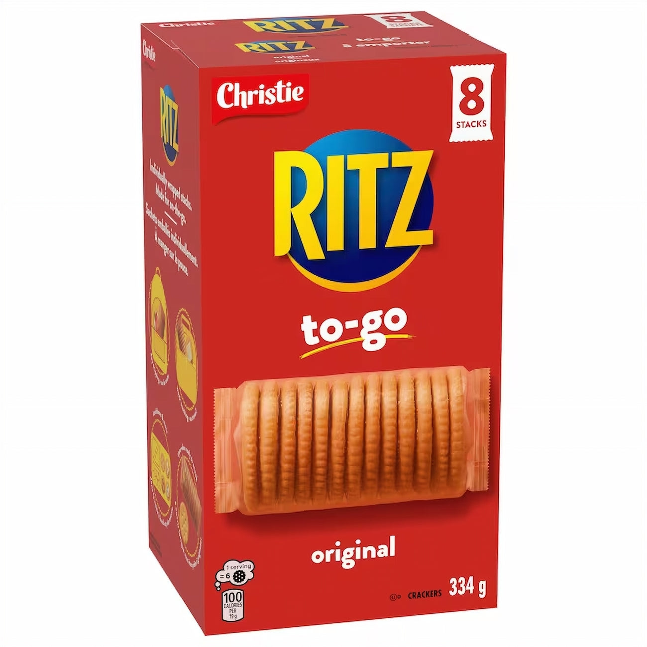 Red box of Christie Ritz to-go crackers with a picture of a cracker on a white background