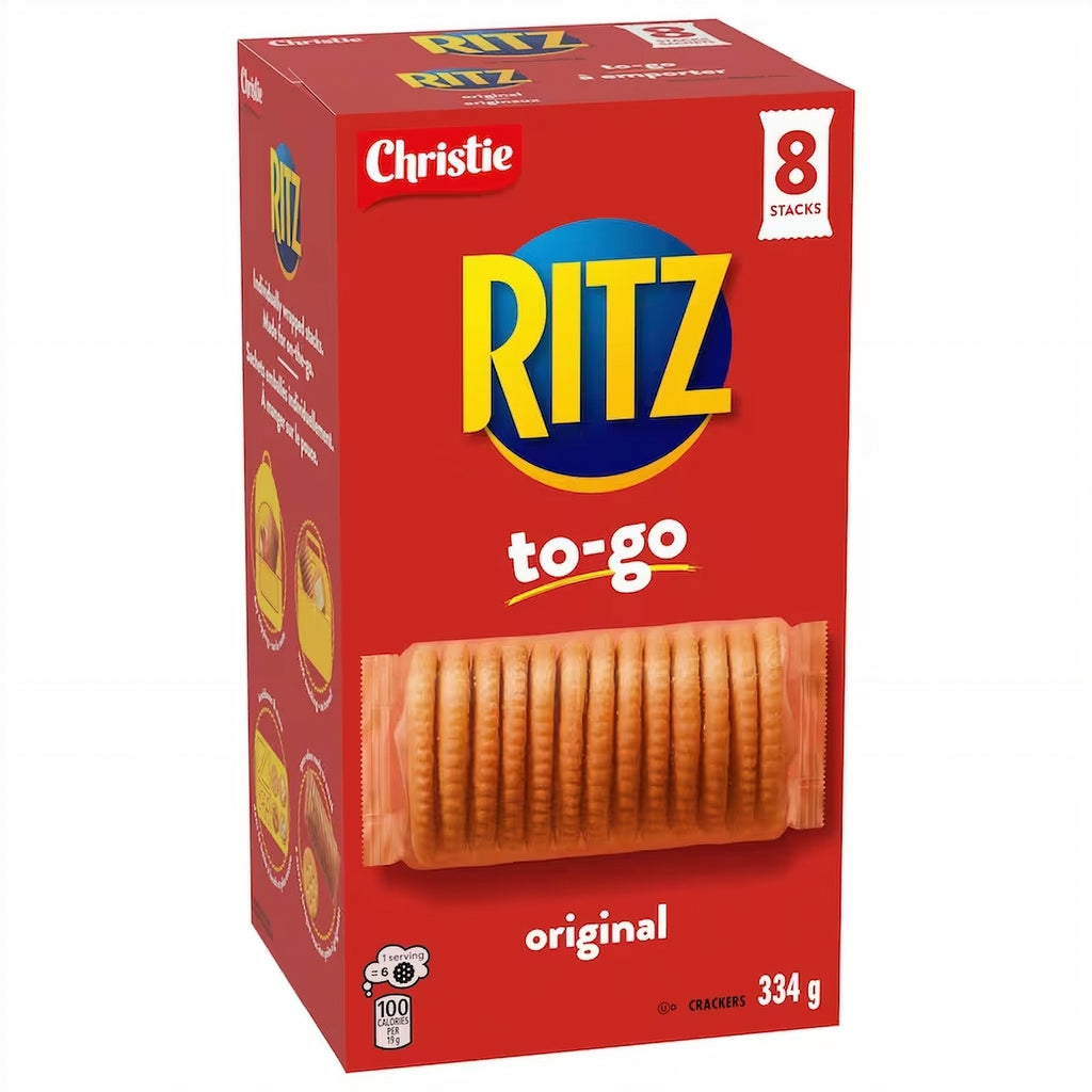 Red box of Christie Ritz to-go crackers with a picture of a cracker on a white background