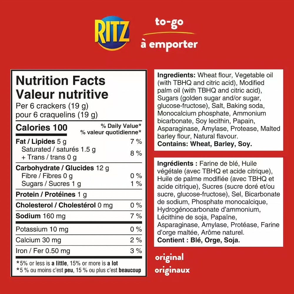 Nutrition facts and ingredients label for Ritz crackers on a red background