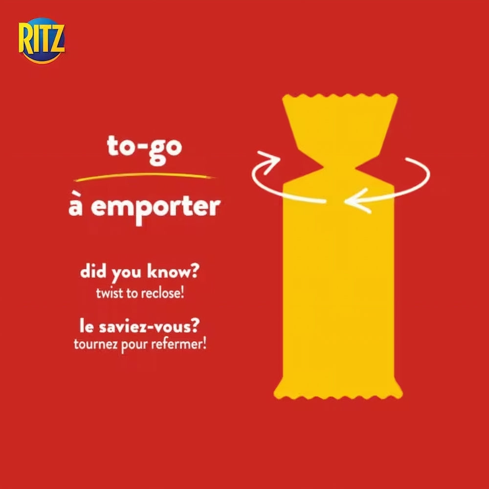 Ritz snack packaging illustration on a red background with text.