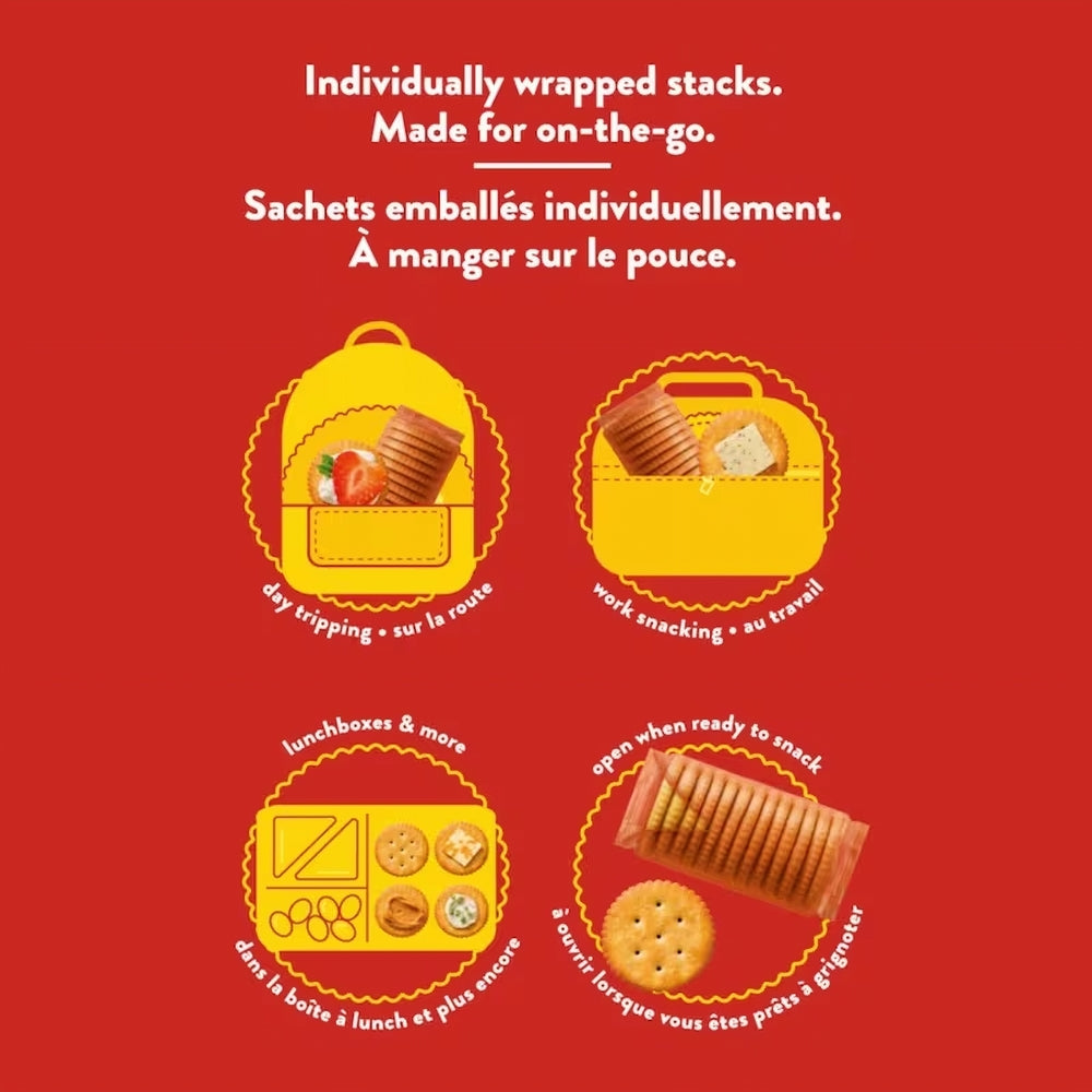 Red background with yellow illustrations of snack packaging and text about individually wrapped stacks.