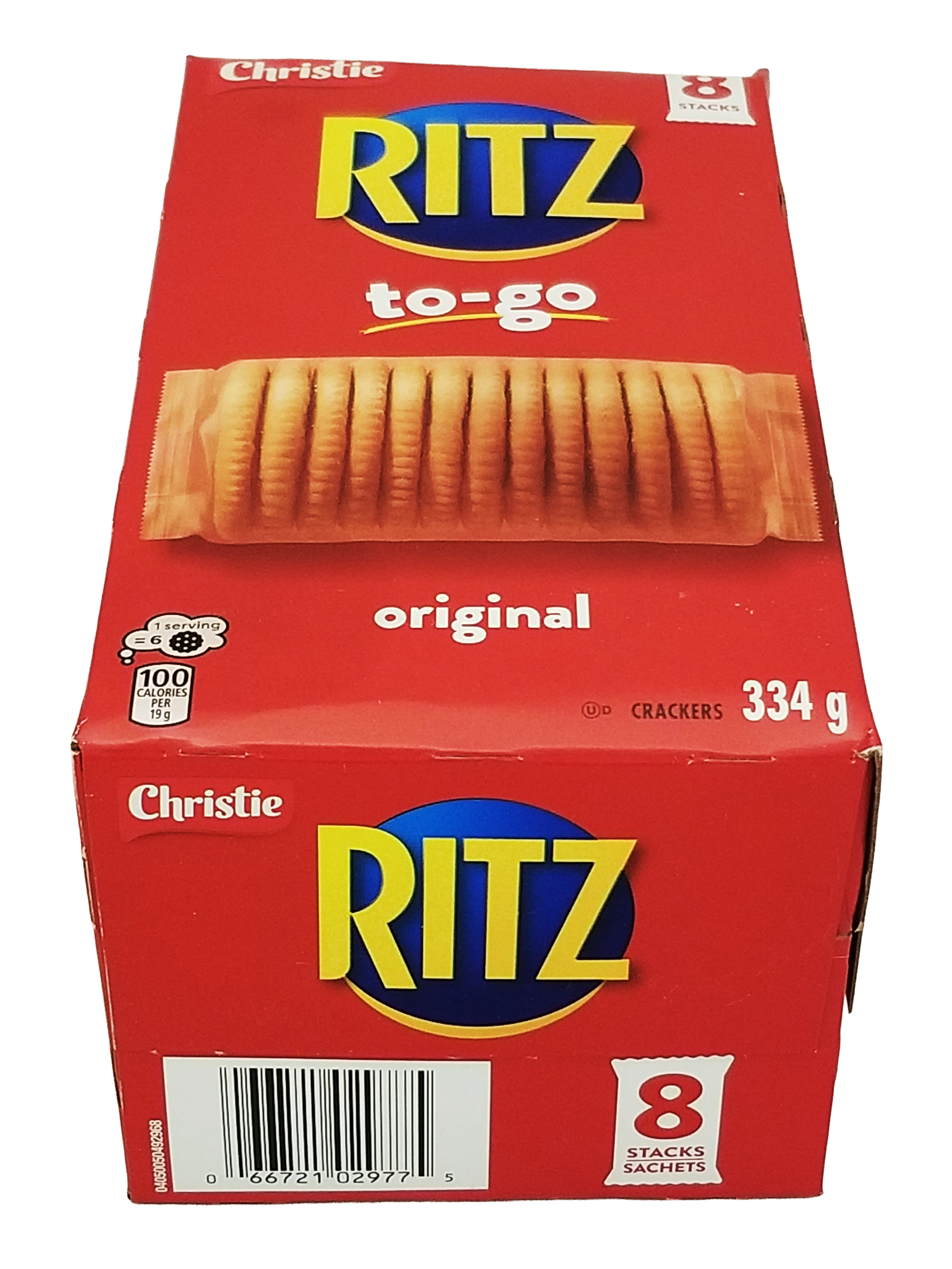 Red box of Ritz crackers with a picture of a cracker on a white background
