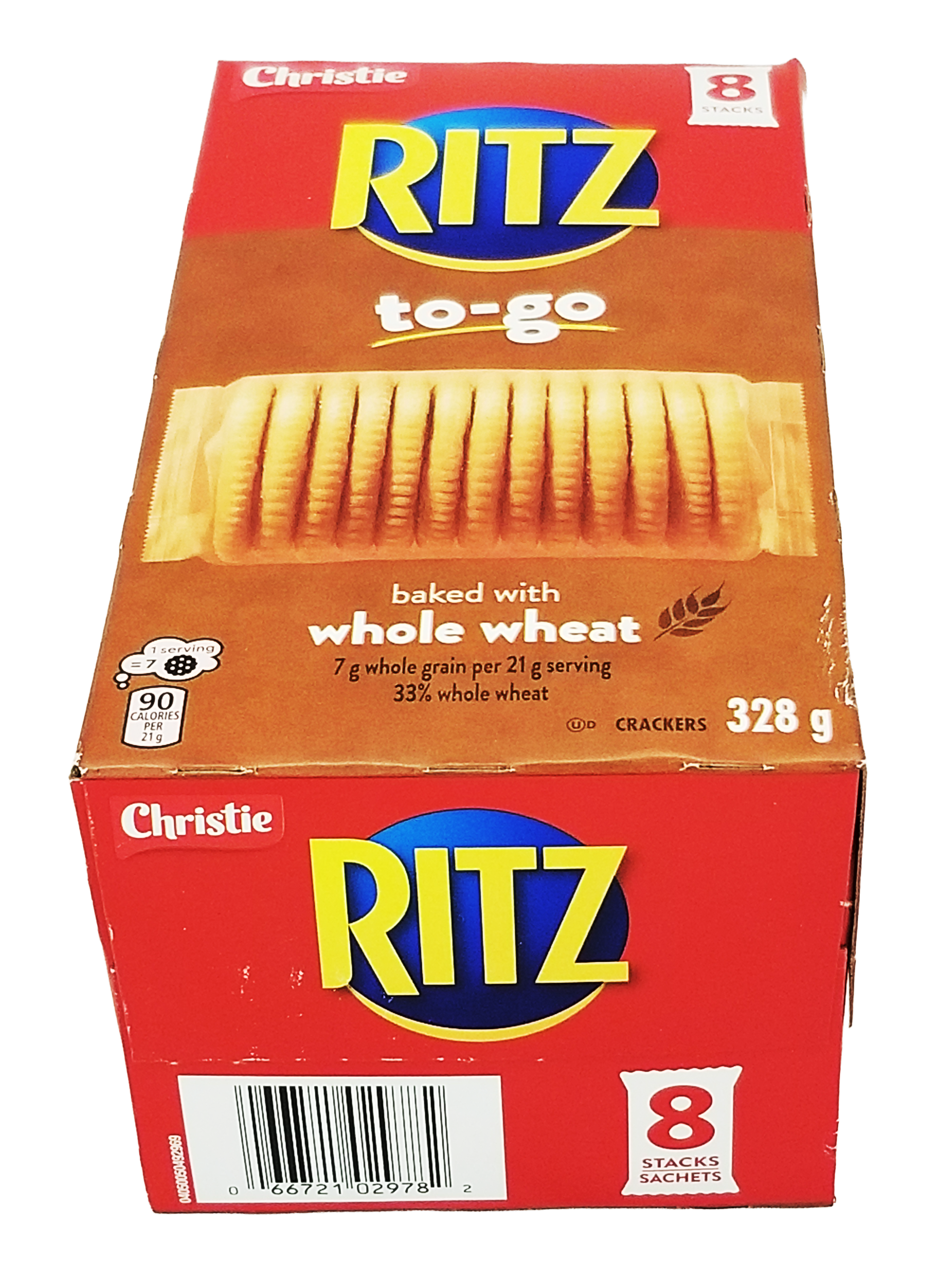 Box of Ritz whole wheat crackers baked with whole wheat, featuring the Christie brand.