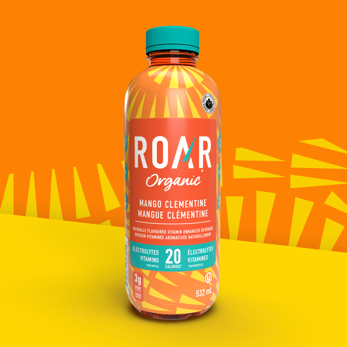 Roar Organic Mango Clementine Vitamin Enhanced Beverage, 532mL/18.6 fl. oz., Bottle Front Side