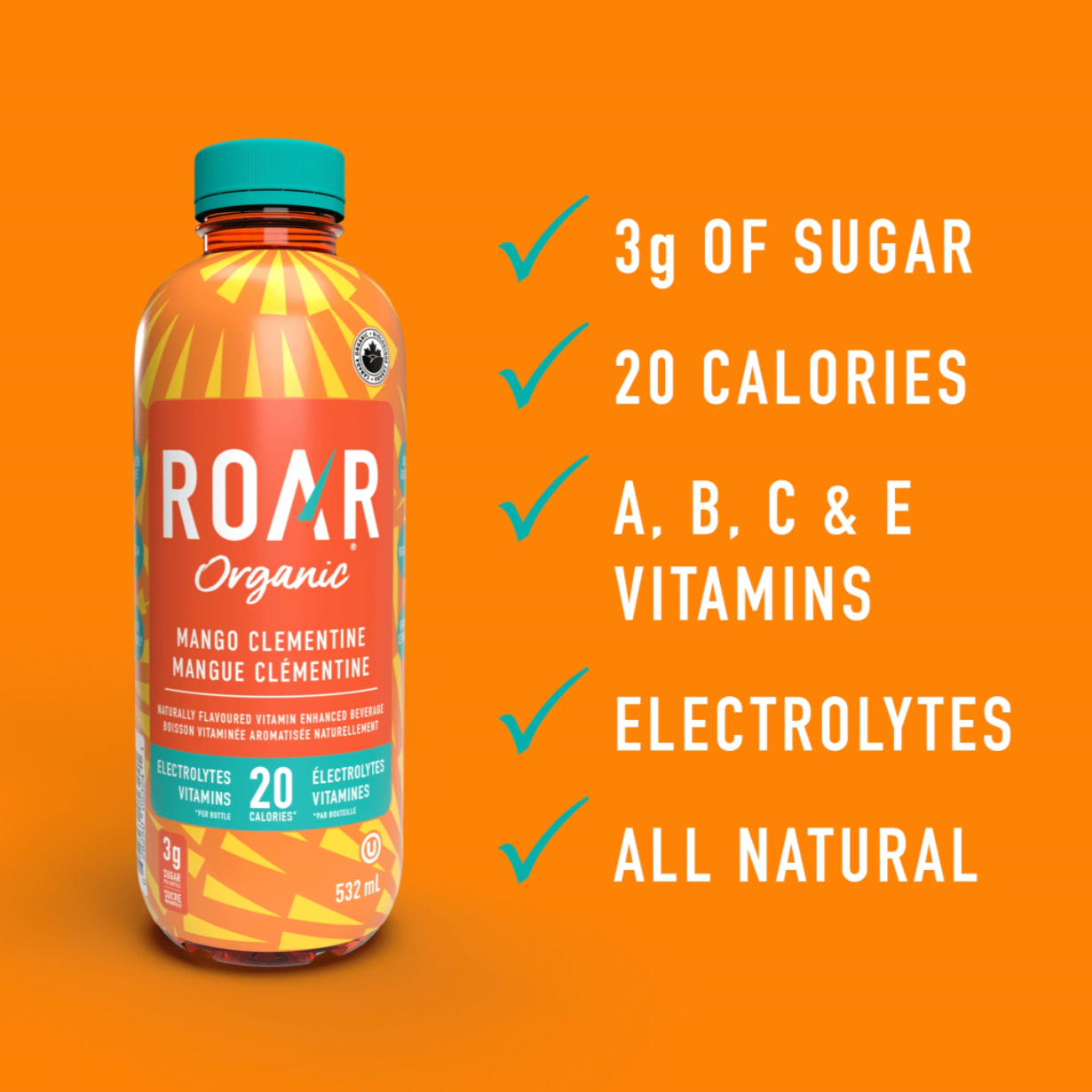 Roar Organic Mango Clementine Vitamin Enhanced Beverage, 532mL/18.6 fl. oz., Bottle Nutrients