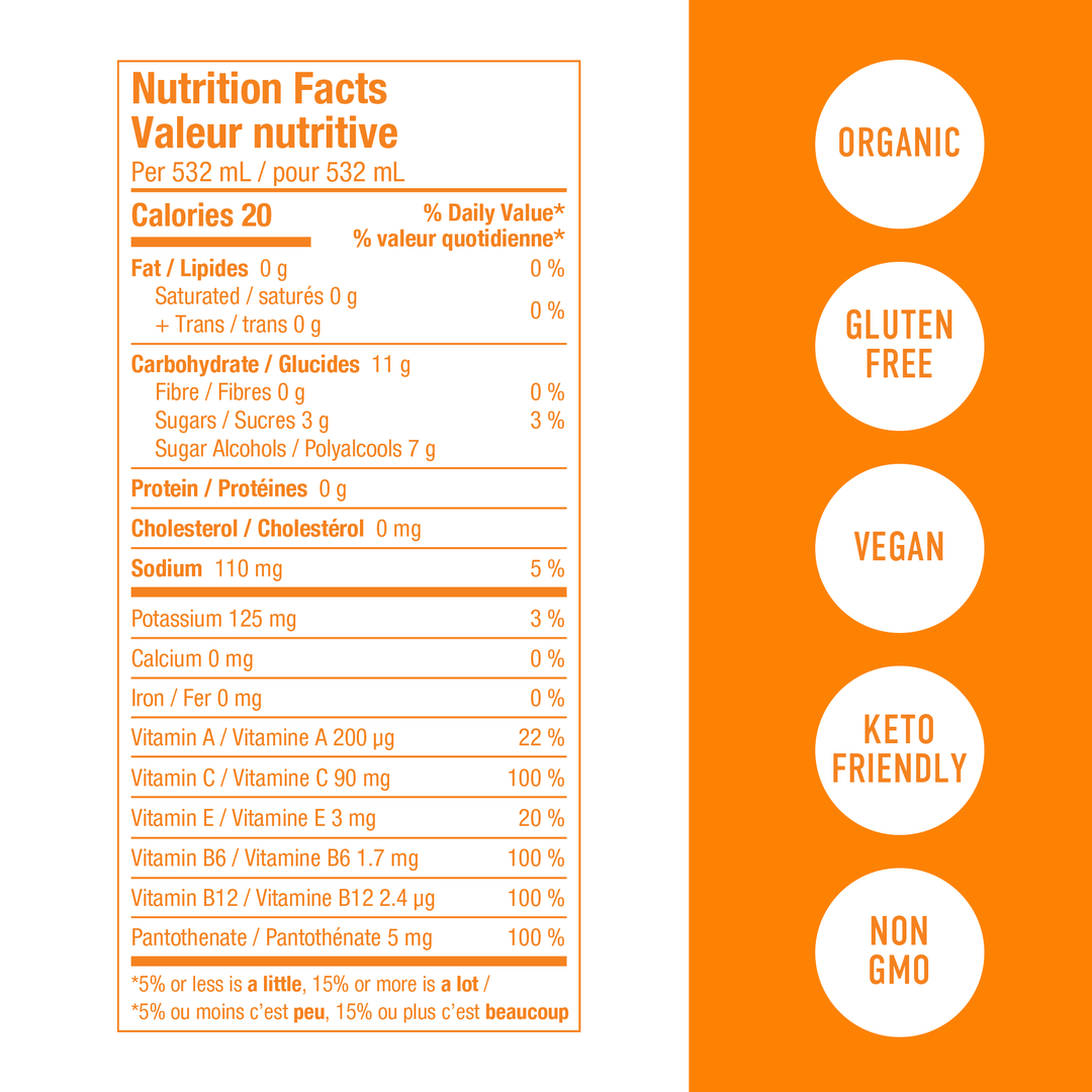 Roar Organic Mango Clementine Vitamin Enhanced Beverage, 532mL/18.6 fl. oz., Bottle Nutritional Facts