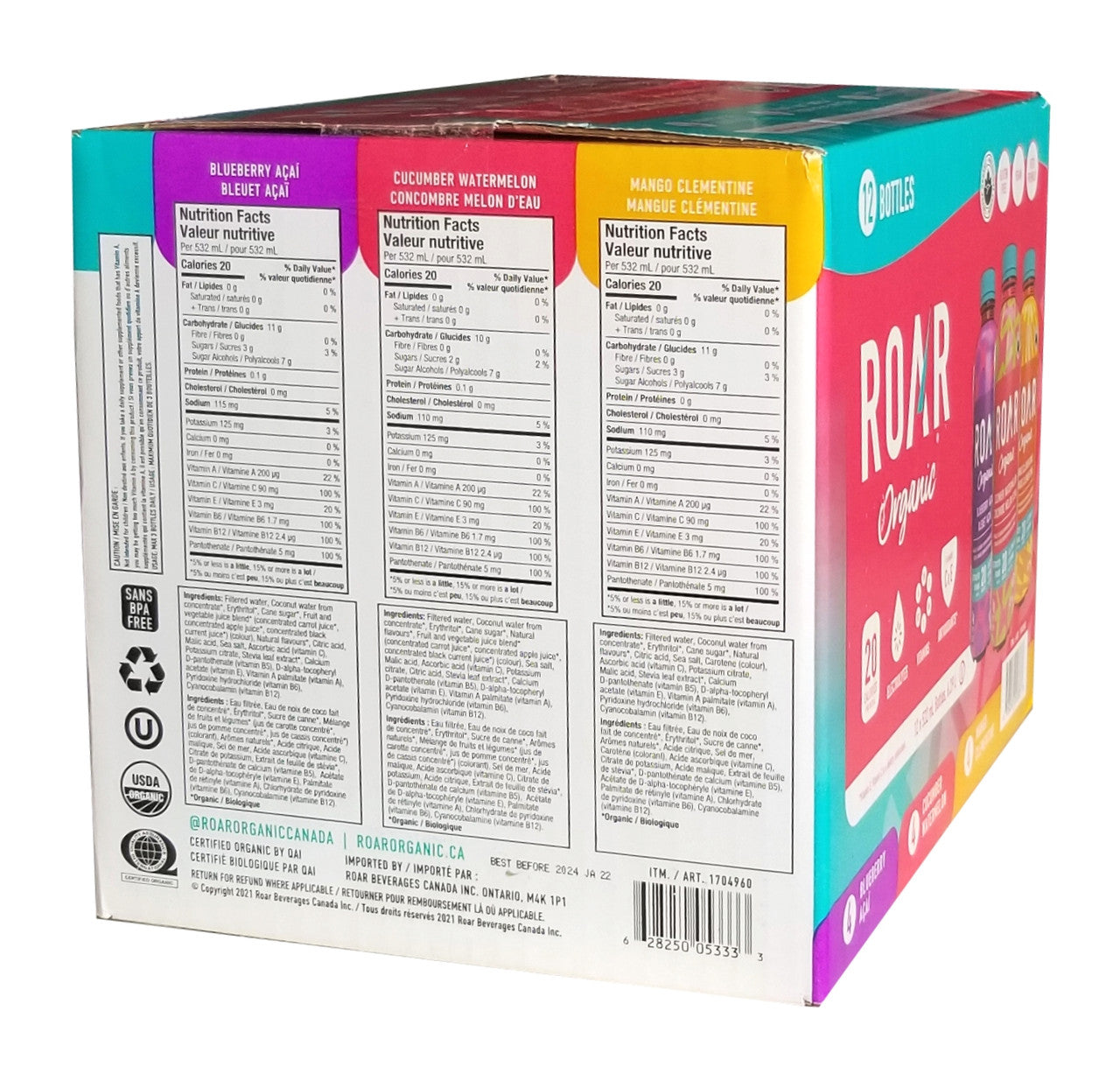 Roar Organic Vitamin Enhanced Beverage, Variety Pack, 532mL/18.6 fl. oz., 12 Bottles {Imported from Canada}