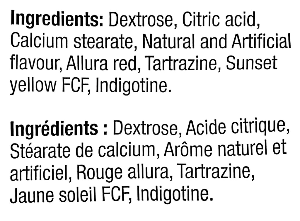 Ingredients label of Rockets Candy Rolls, 65 Rolls, 500g/1.1 lbs., Bag