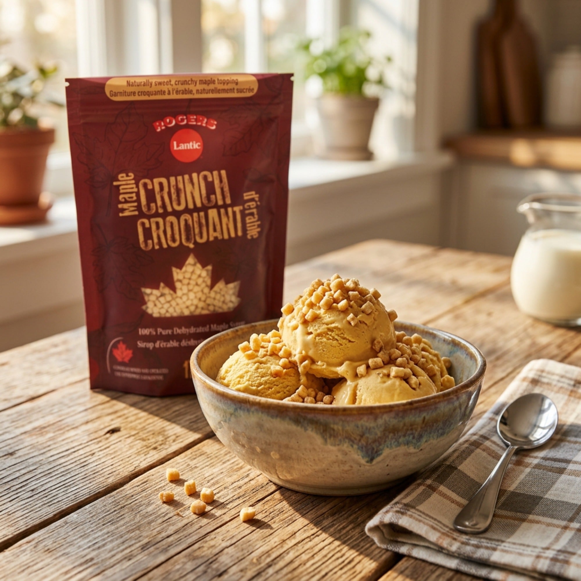 Rogers maple crunch topping over ice cream