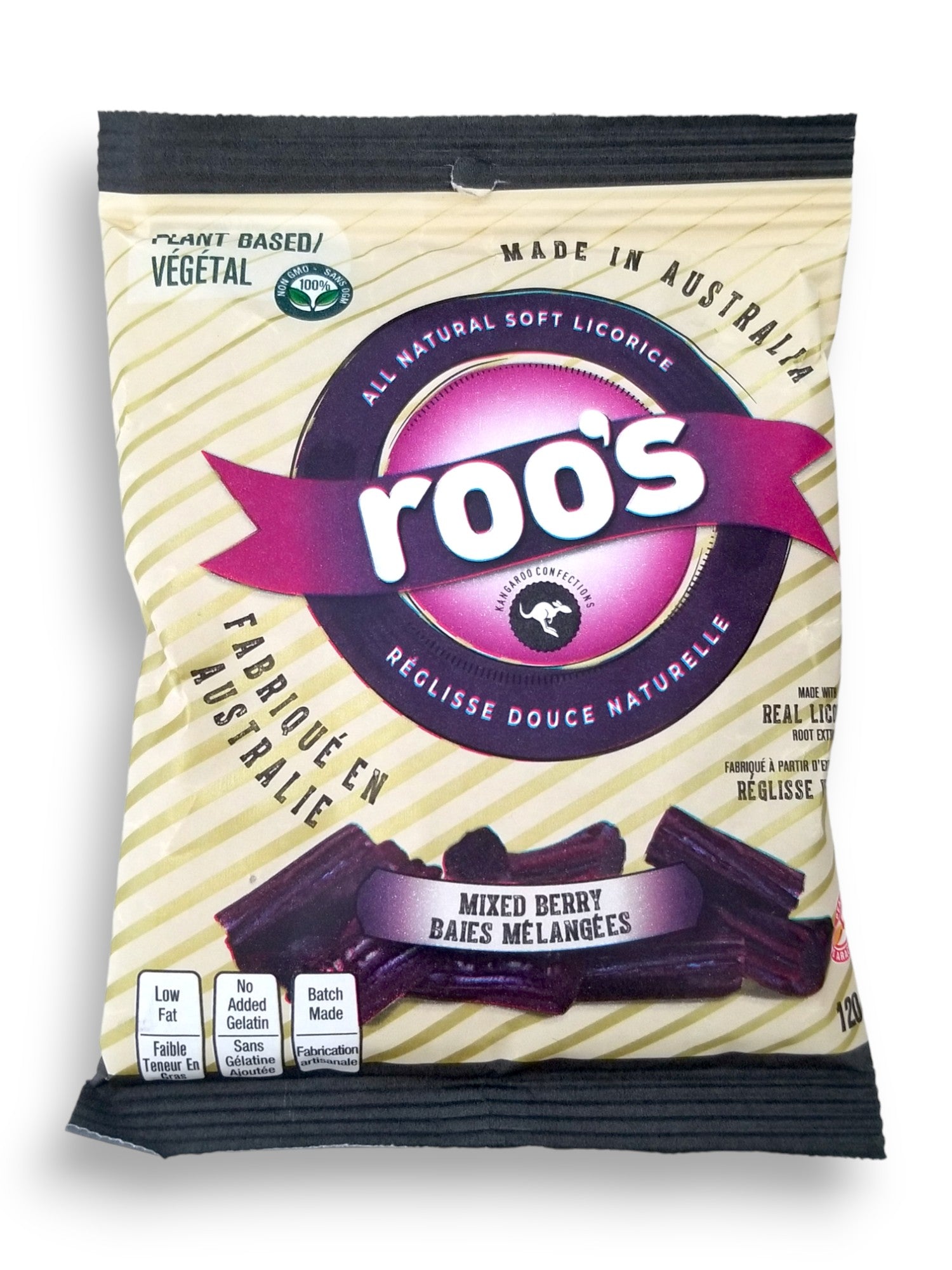 Roo's Australian All Natural Soft Licorice, Mixed Berry Flavor, 120g, front of bag.