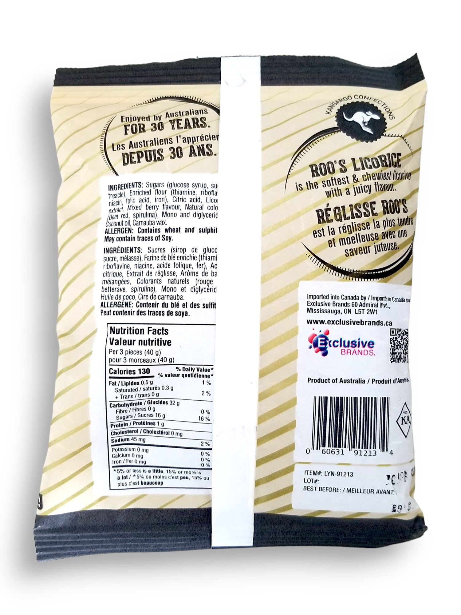 Roo's Australian All Natural Soft Licorice, Mixed Berry Flavor, 120g, back of bag.