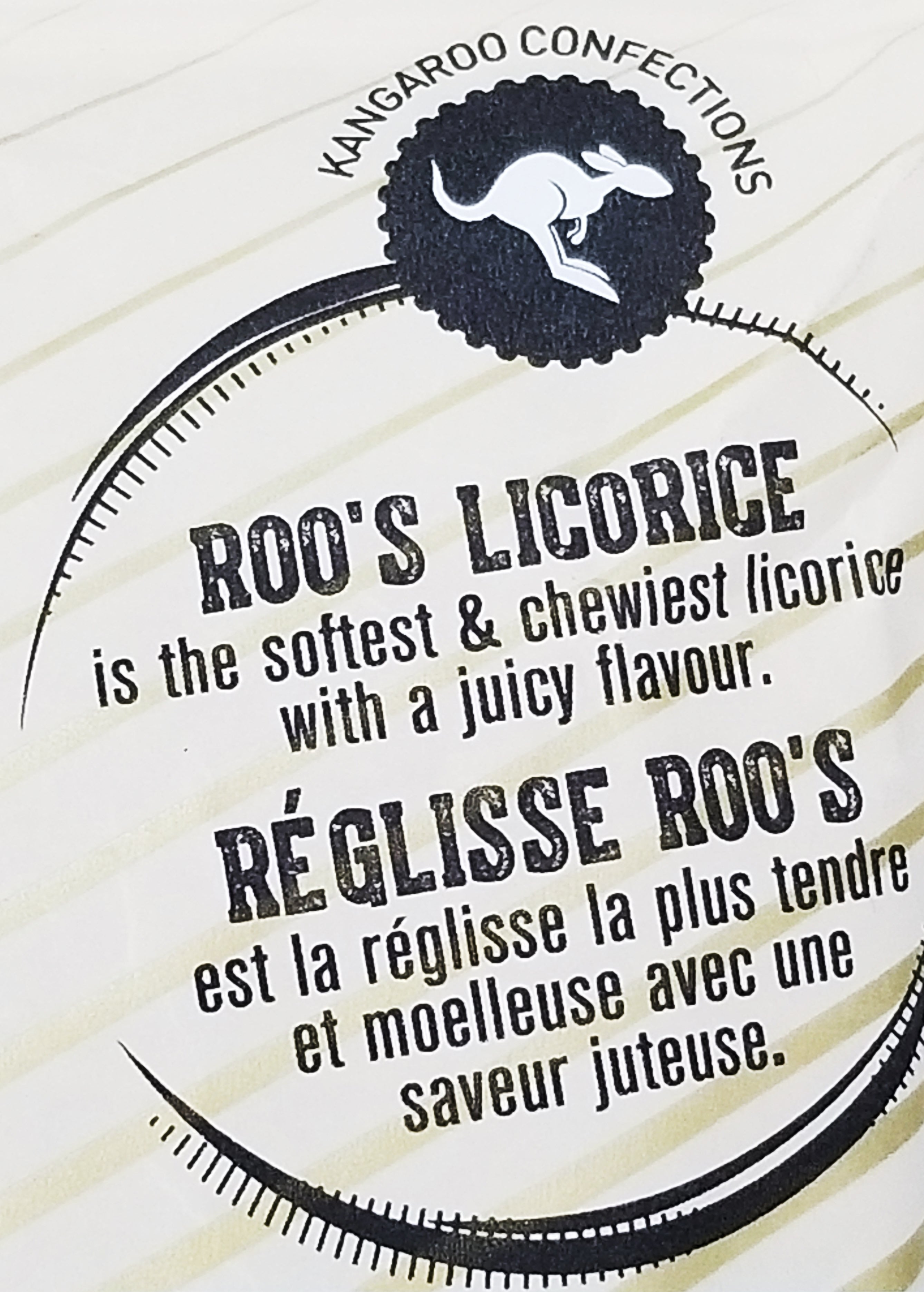 Roo's Australian All Natural Soft Licorice, Mixed Berry Flavor, 120g, kangaroo confections label.