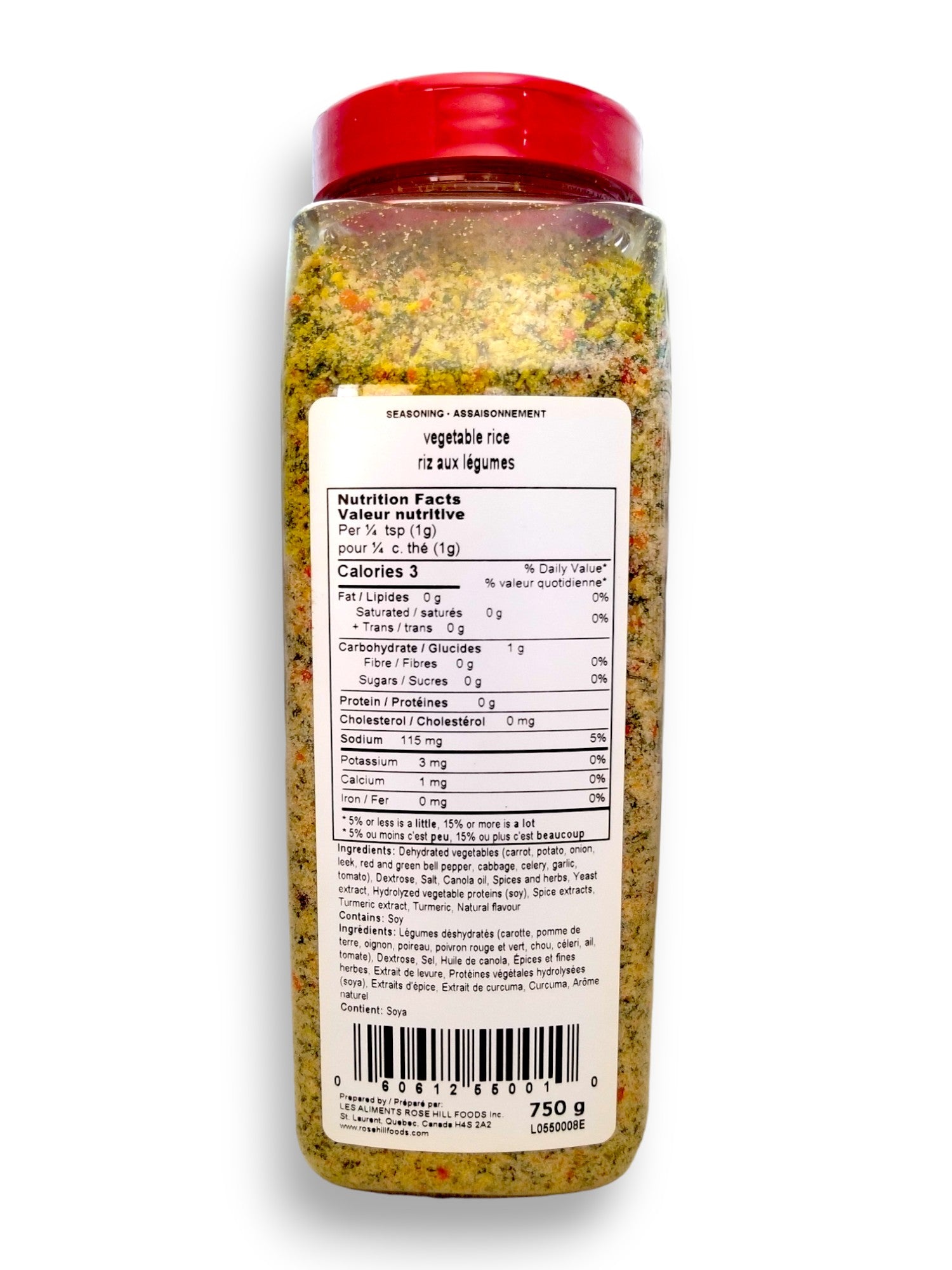 Rose Hill Vegetable Rice Spice, 750g/26.5 oz., Shaker, back of shaker with upc number.
