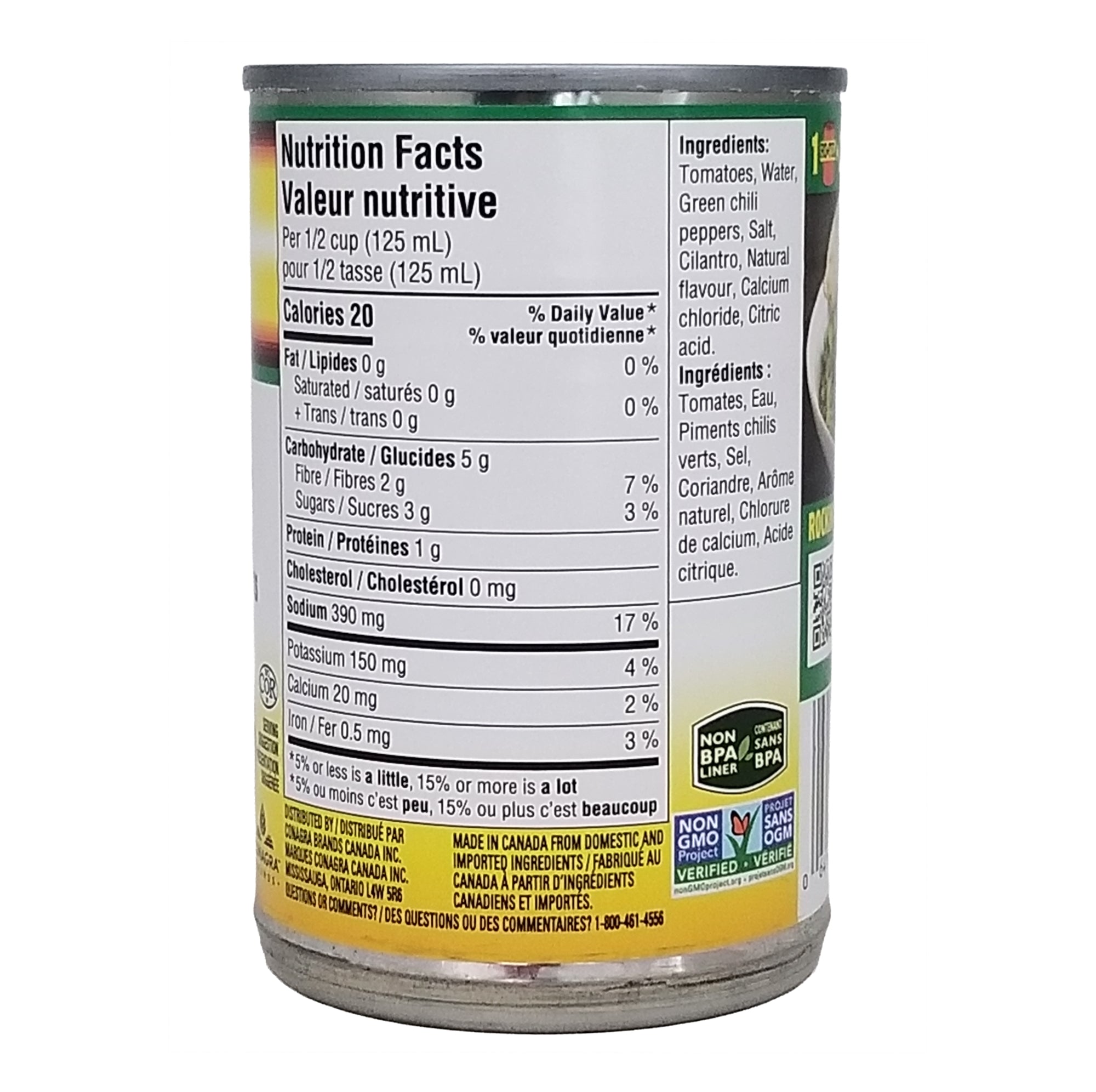 Nutrition facts label on a Rotel Medium Diced Tomatoes & Green Chilies Salsa 284ml can with white background