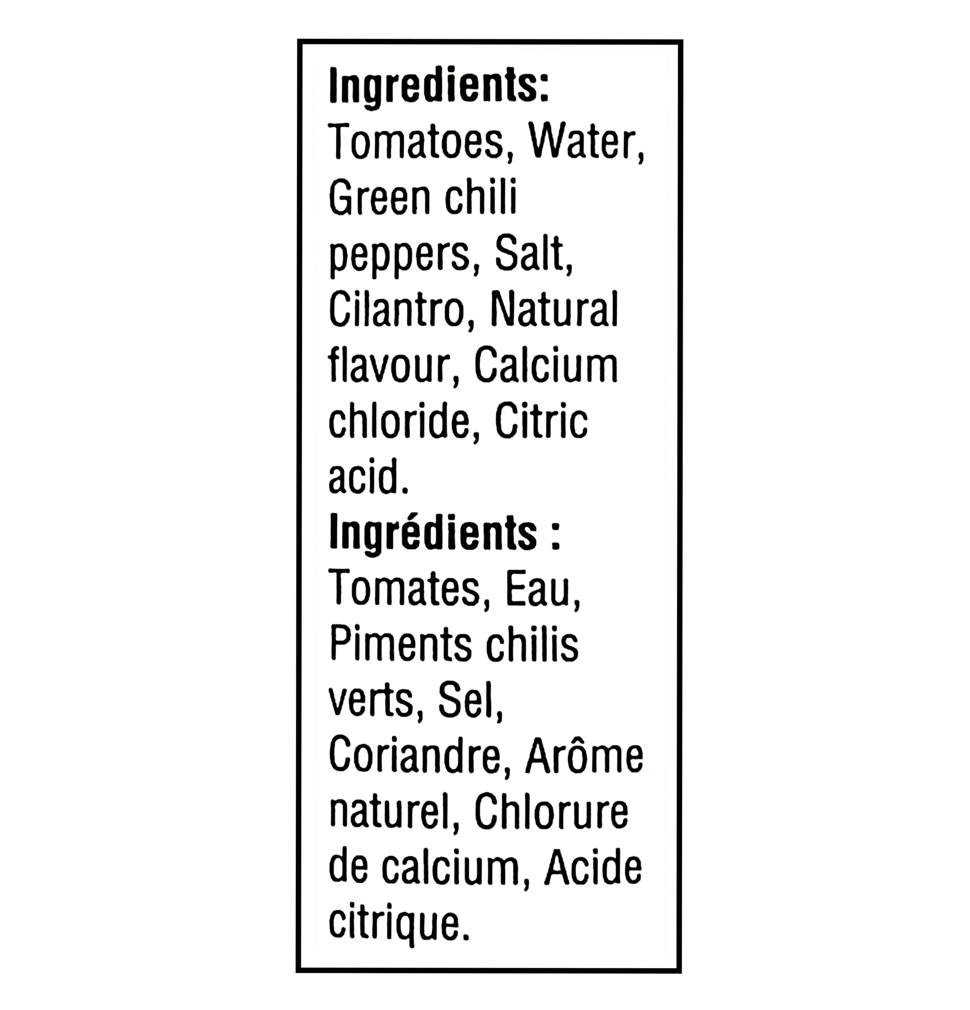 List of ingredients for Rotel Medium Diced Tomatoes & Green Chilies Salsa 284ml on a white background