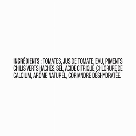 List of ingredients in French for Rotel Original Diced Tomatoes & Green Chilies Salsa 284ml on a white background on a white background