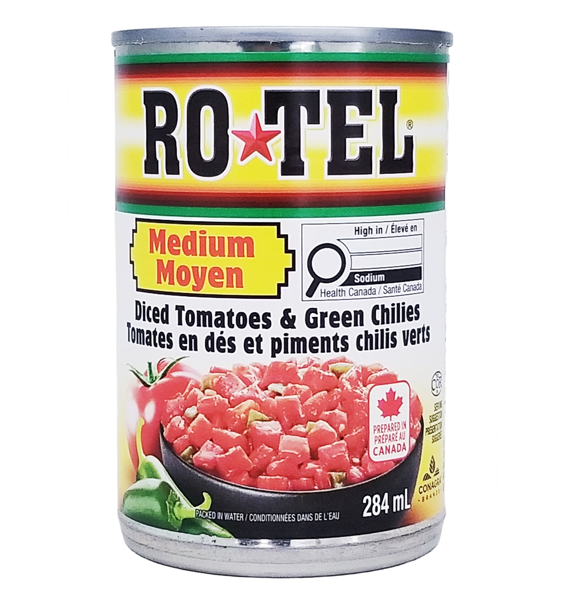 Can of Rotel diced tomatoes and green chilies 284ml on a white background