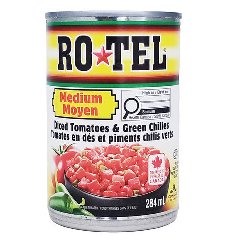 Can of Rotel diced tomatoes and green chilies 284ml on a white background