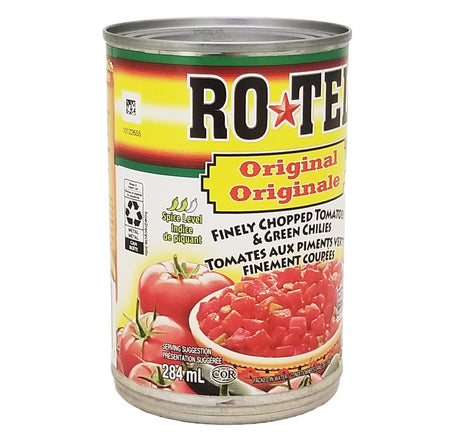 Can of Rotel Original Diced Tomatoes & Green Chilies Salsa 284ml with colorful label on a white background