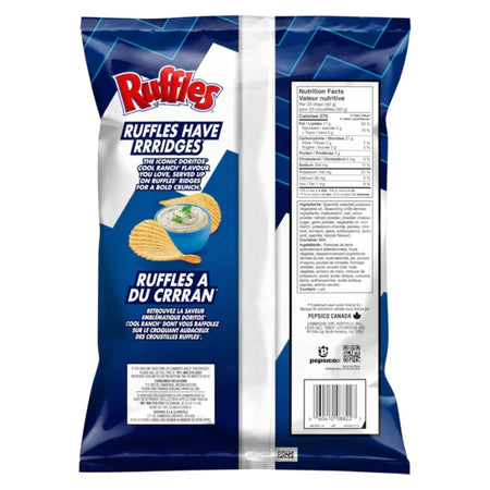 Back of Ruffles Cool Ranch ridged potato chips 180 g / 6.3 oz bag