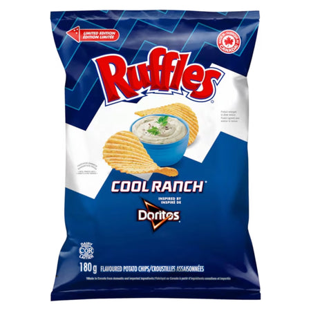 Front of Ruffles Cool Ranch ridged potato chips 180 g / 6.3 oz bag