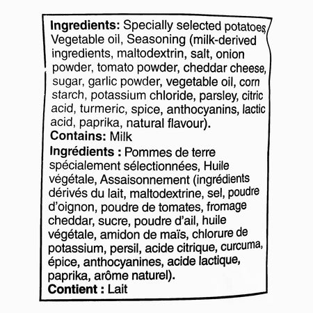 Ingredients label for Ruffles Cool Ranch ridged potato chips