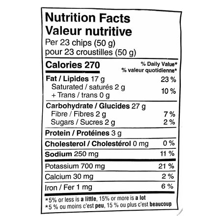 Nutrition Facts label for Ruffles Cool Ranch ridged potato chips