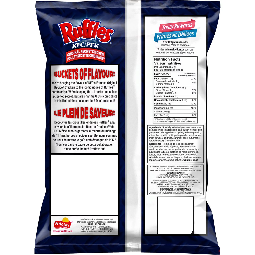 Ruffles KFC Original Recipe Chicken Flavor Potato Chips, 60g/2.1 oz. Bag {Imported from Canada}