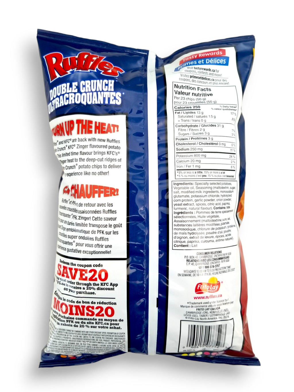 Ruffles Double Crunch KFC Zinger, Hot & Spicy Chicken Potato Chips, 180g, back of bag.