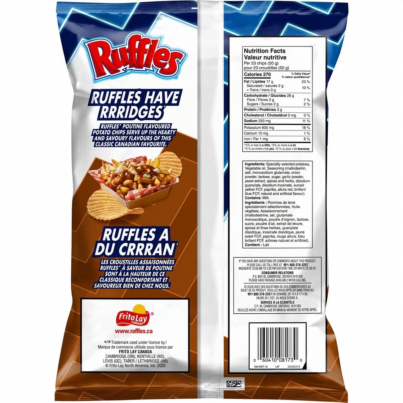Ruffles potato chips packaging with branding and nutritional information.