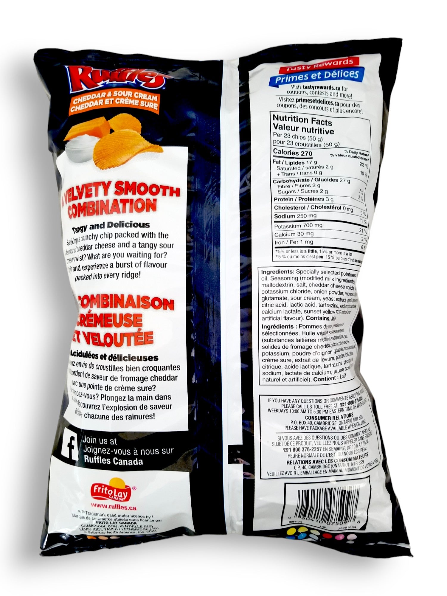 Ruffles Cheddar & Sour Cream Potato Chips, 200g, back of bag.