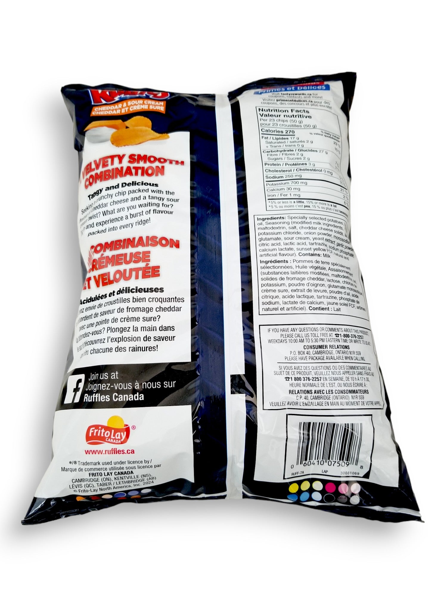 Ruffles Cheddar & Sour Cream Potato Chips, 200g, back of bag with upc.