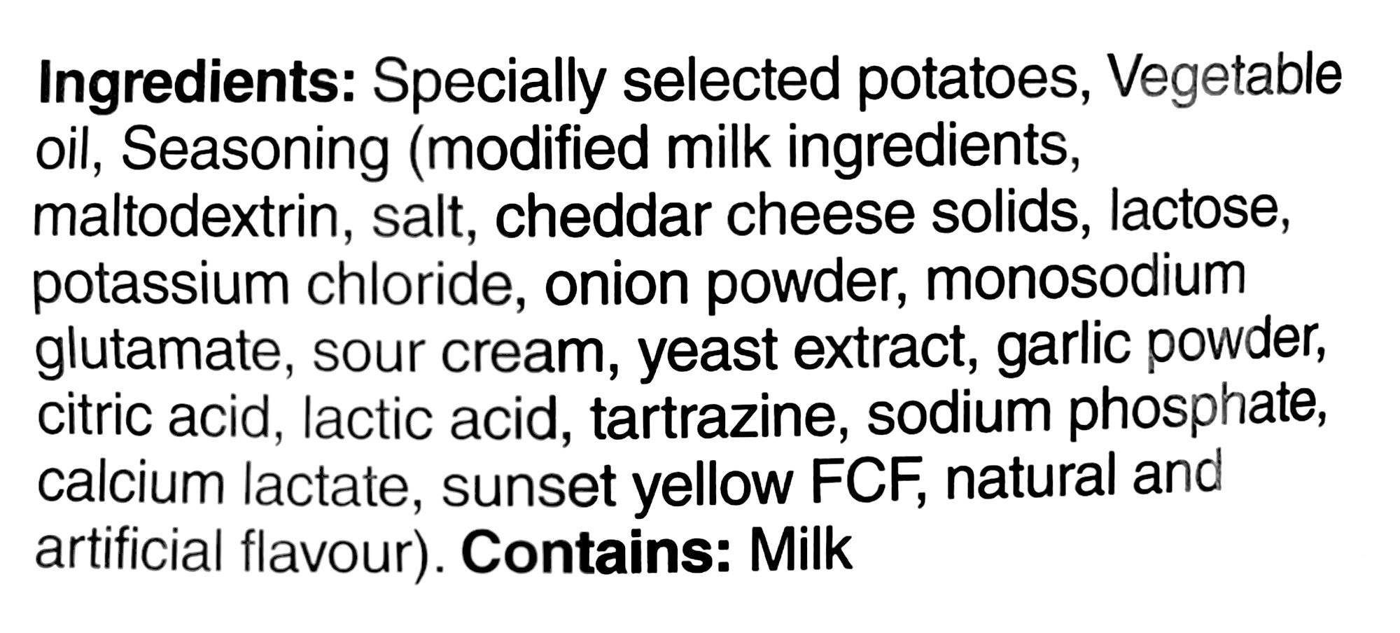 Ruffles Cheddar & Sour Cream Potato Chips, 200g, ingredients label.