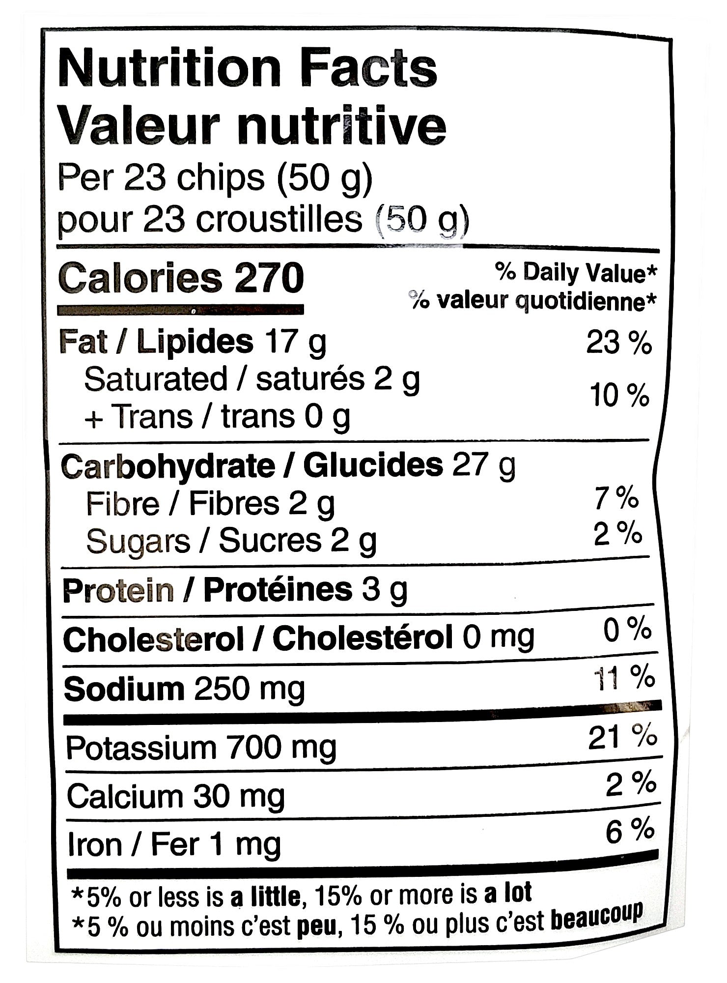 Ruffles Cheddar & Sour Cream Potato Chips, 200g, nutrition facts label.