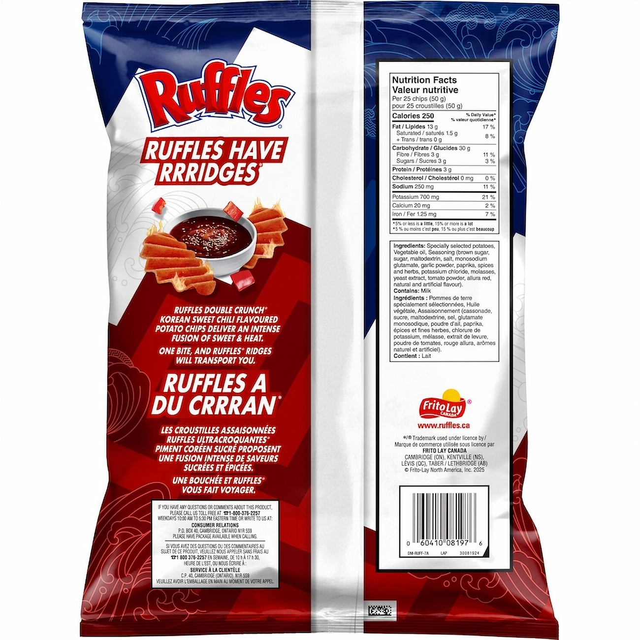 Back of Ruffles Double Crunch Korean Sweet Chili Potato Chips, 180g/6.3 oz with red and blue design on a white background.