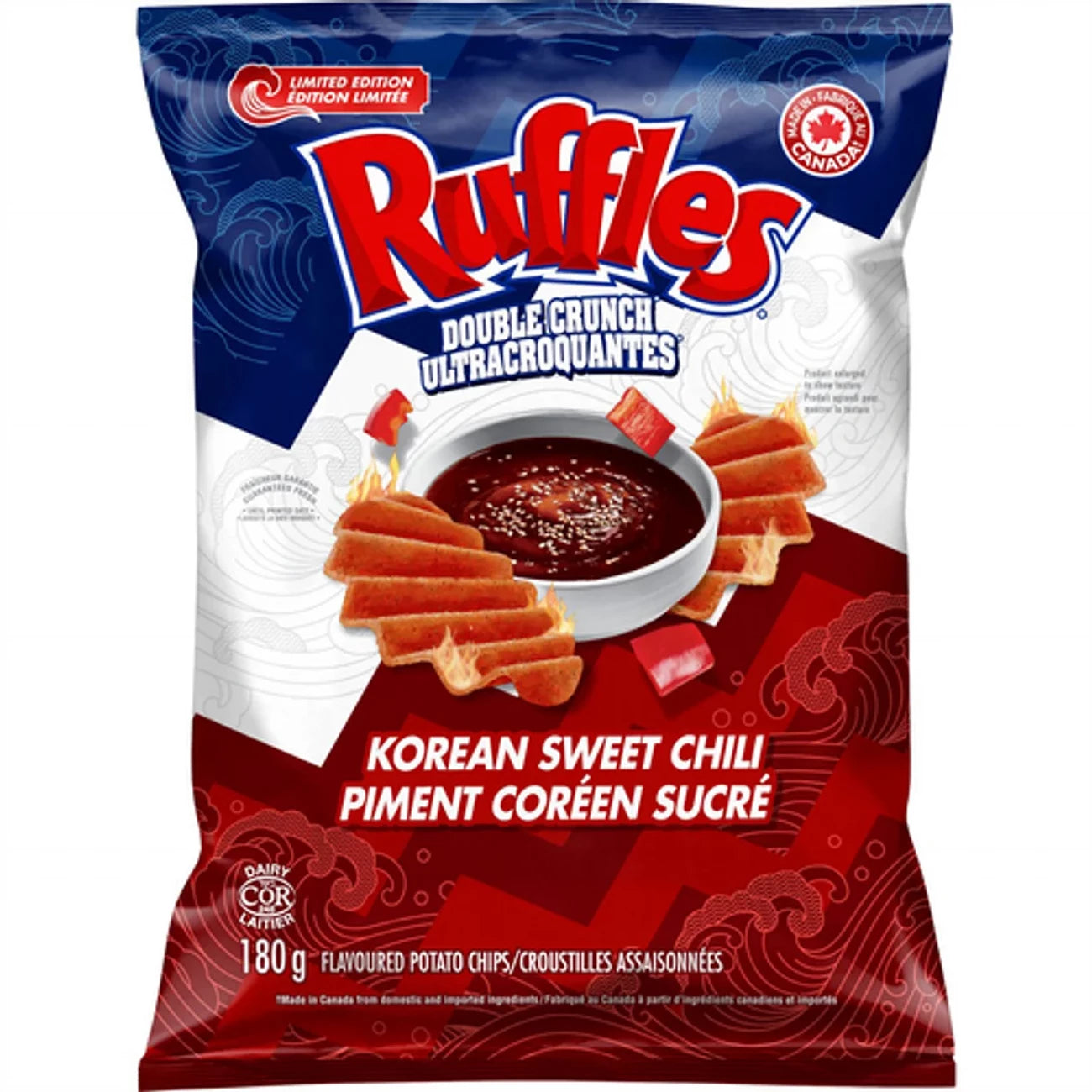 Front of Ruffles Double Crunch Korean Sweet Chili Potato Chips, 180g/6.3 oz on a white background.