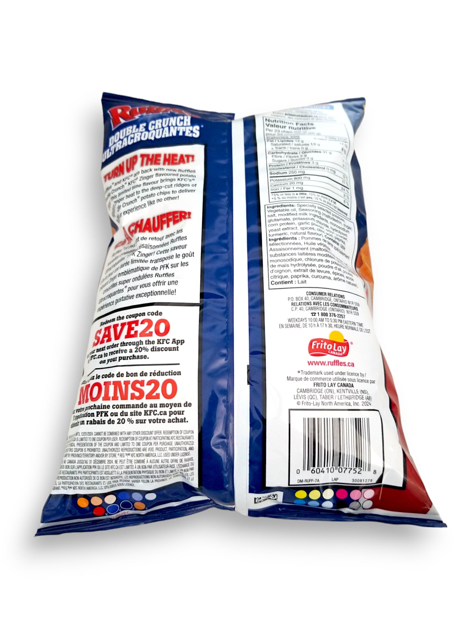 Ruffles Double Crunch KFC Zinger, Hot & Spicy Chicken Potato Chips, 180g, bottom of bag with upc.