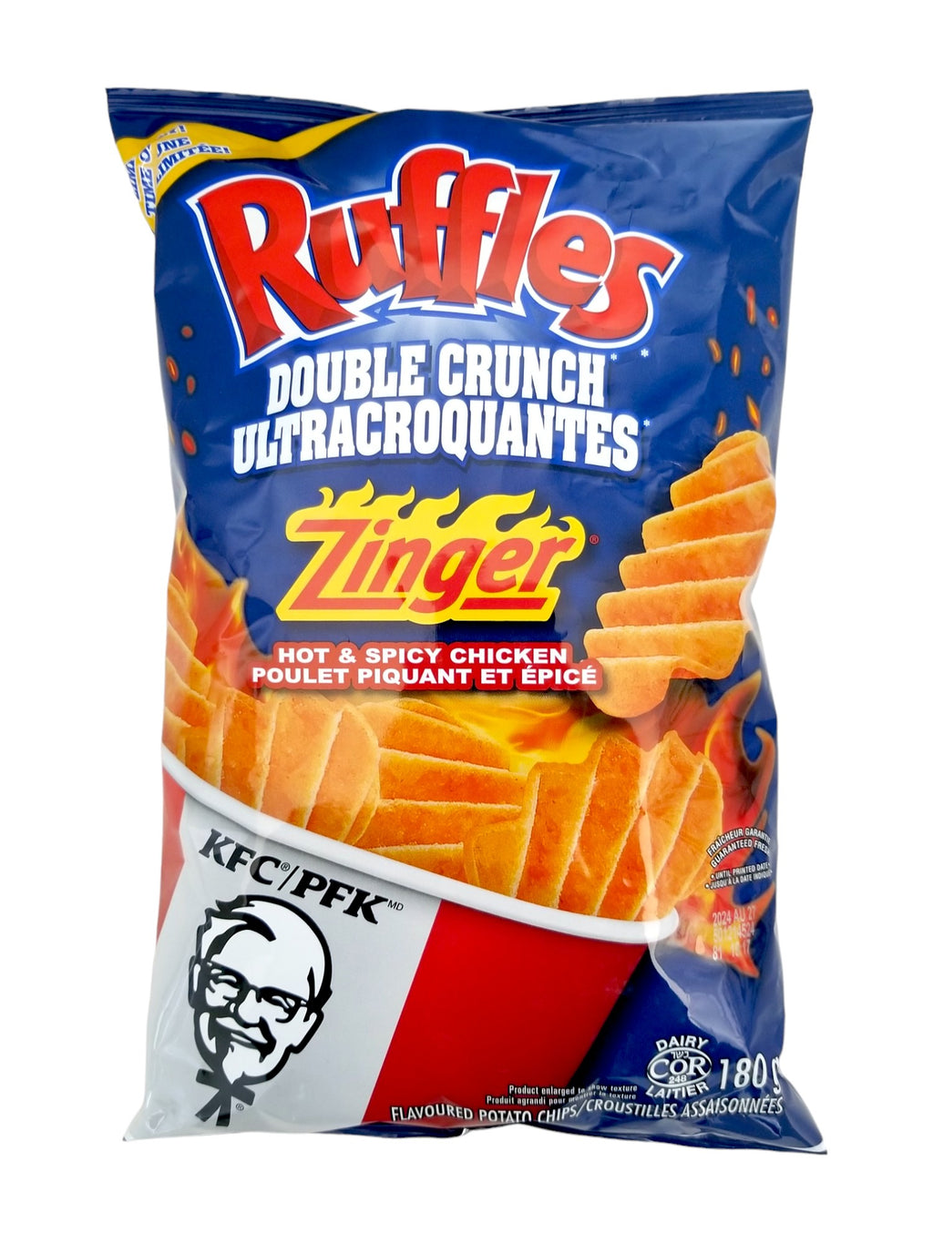 Ruffles Double Crunch KFC Zinger, Hot & Spicy Chicken Potato Chips, 180g, front of bag.