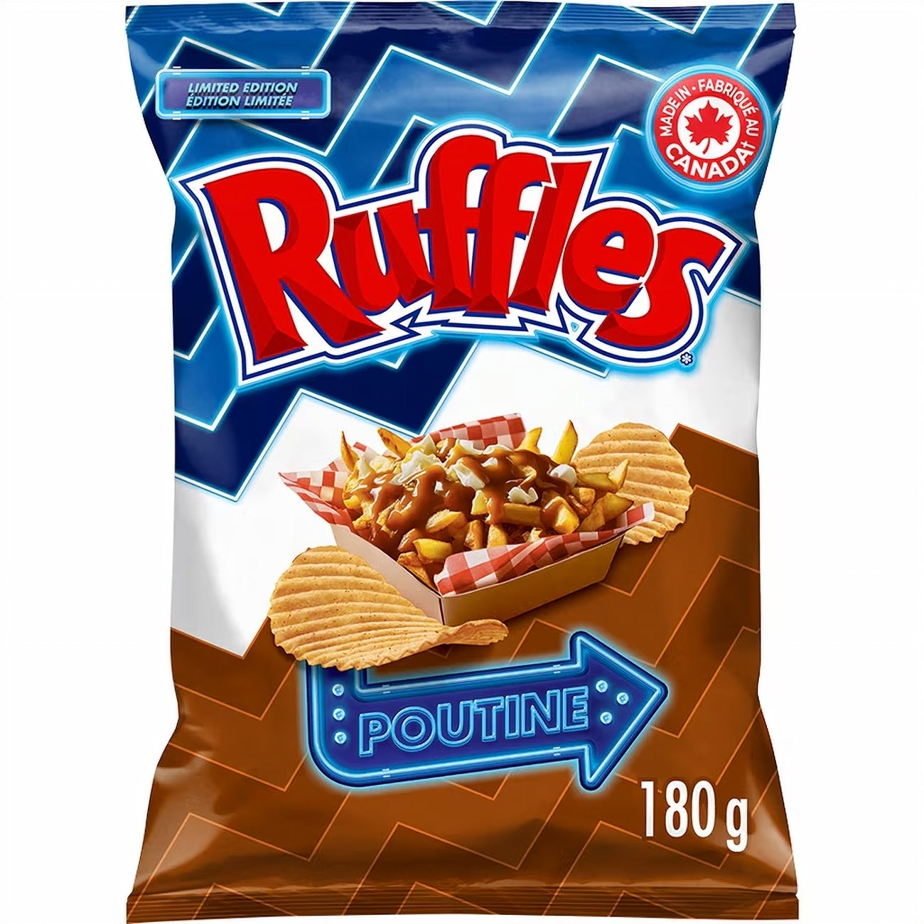 Ruffles poutine flavored chips packaging with brand logo and product details.