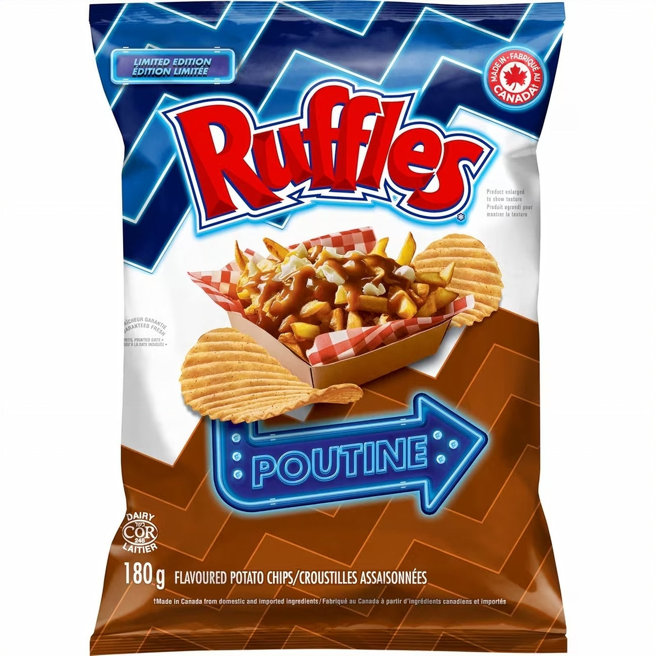 Ruffles poutine flavored potato chips packaging on a white background