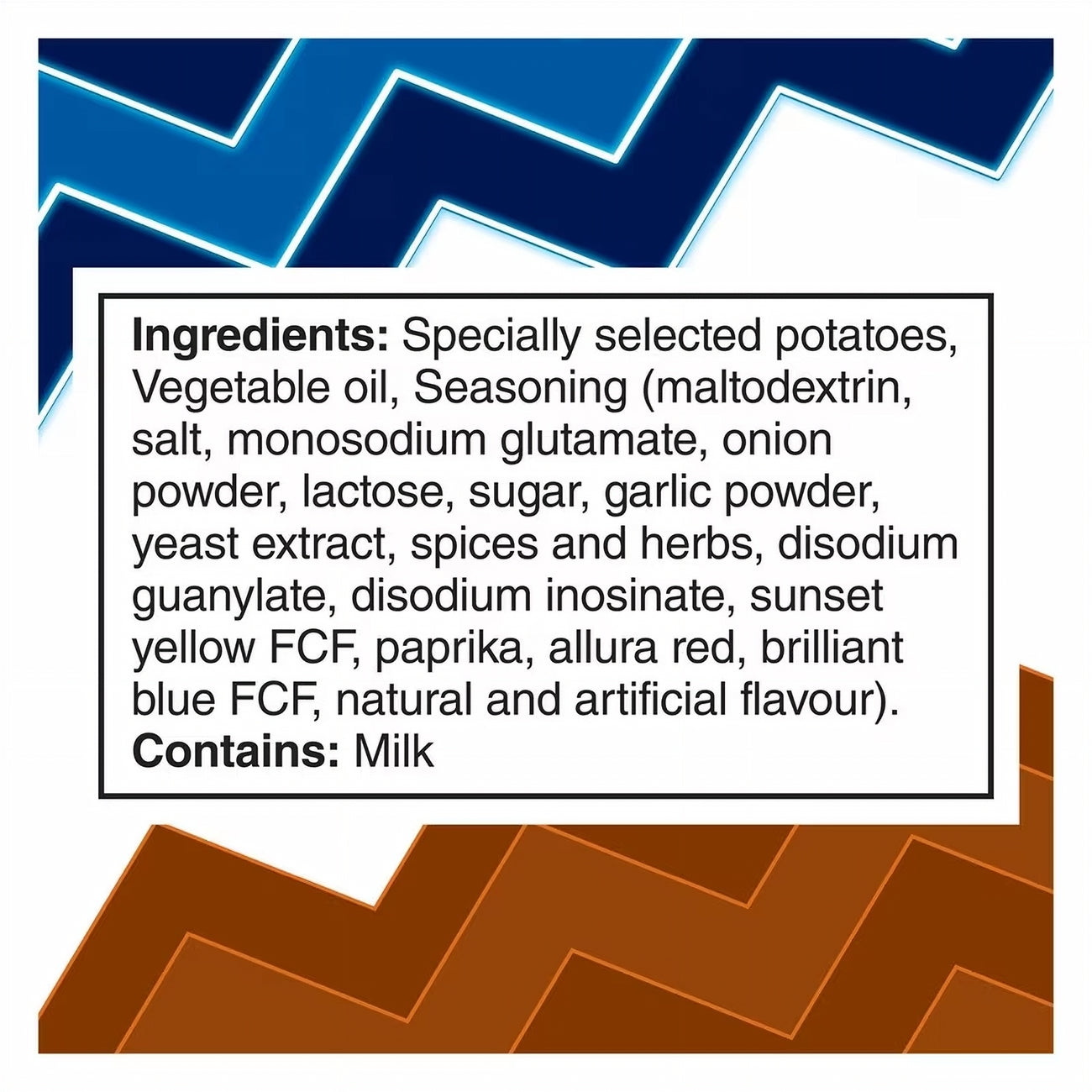 Ingredients list for Ruffles Poutine Flavored Potato Chips, 180g/6.3 oz with blue and brown zigzag patterns.
