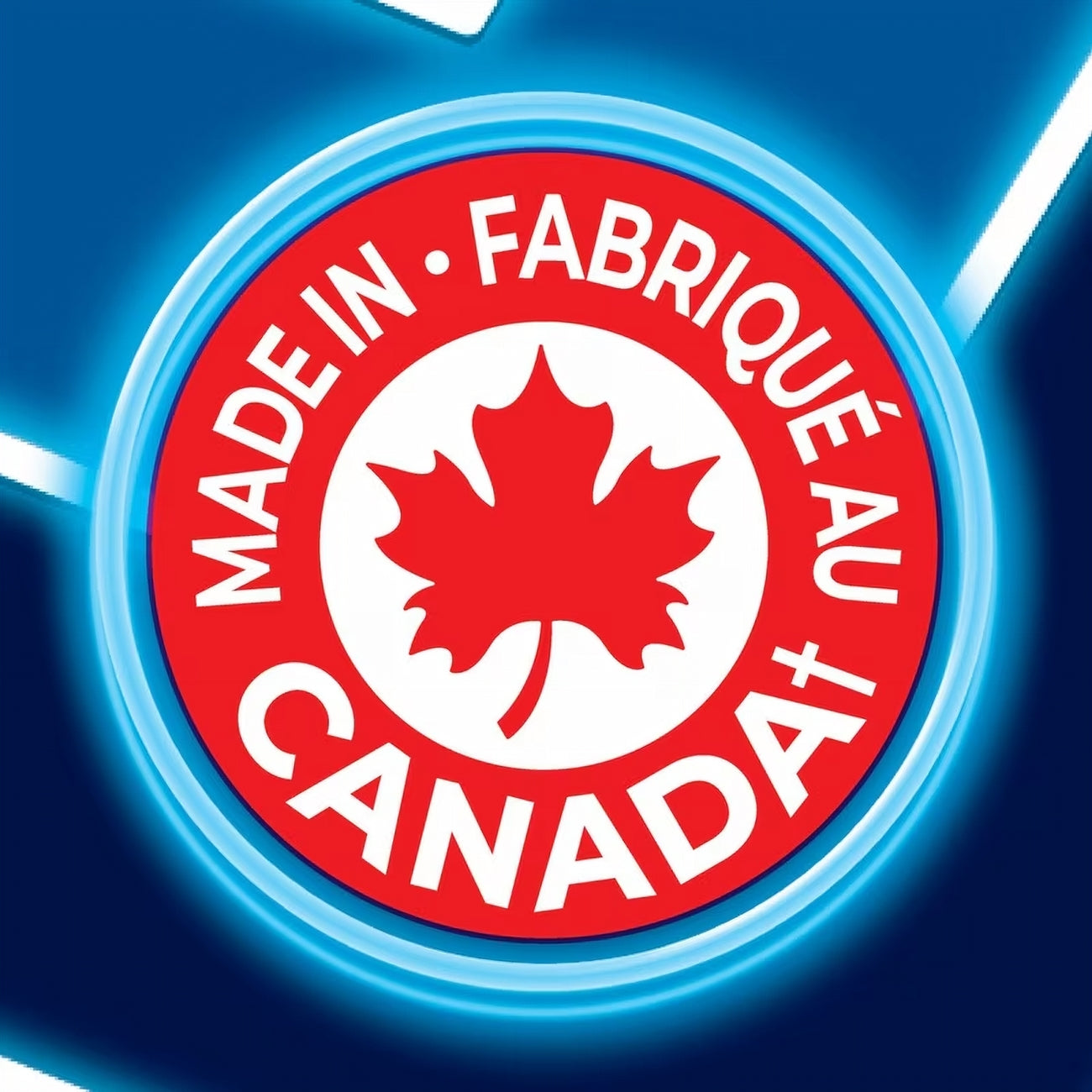 Logo with a red maple leaf and text 'Made in Canada' on a blue background